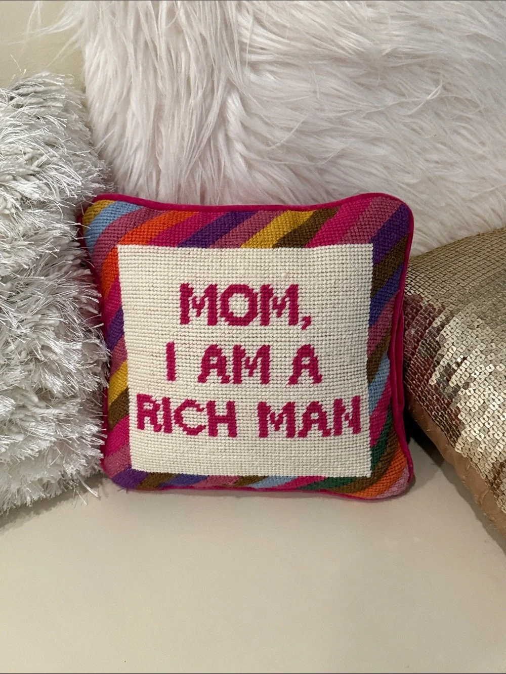 Embroidered 'Mom, I Am a Rich Man' Decorative Pillow - Pink Multicolor